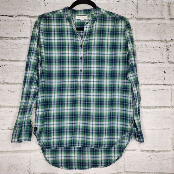 Treasure & Bond 1/2 Button Long Sleeve Plaid Shirt Green Womens Small Cotton - Picture 6 of 10